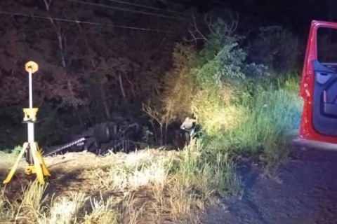 Caminhão com carga de suínos sai da pista e tomba na SC-283 em Concórdia